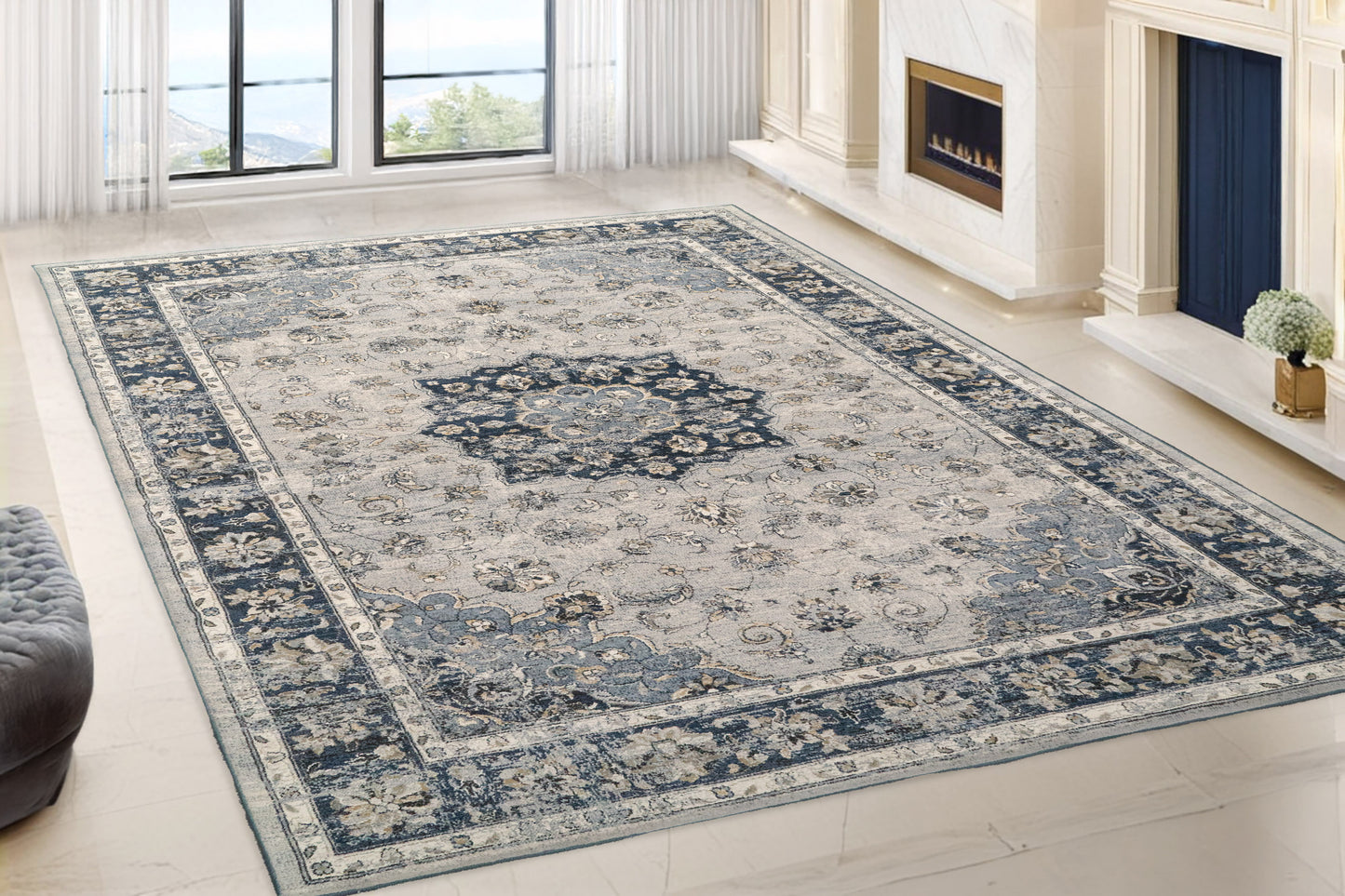 Ancient Garden 57559-9686 Silver/Blue Area Rug