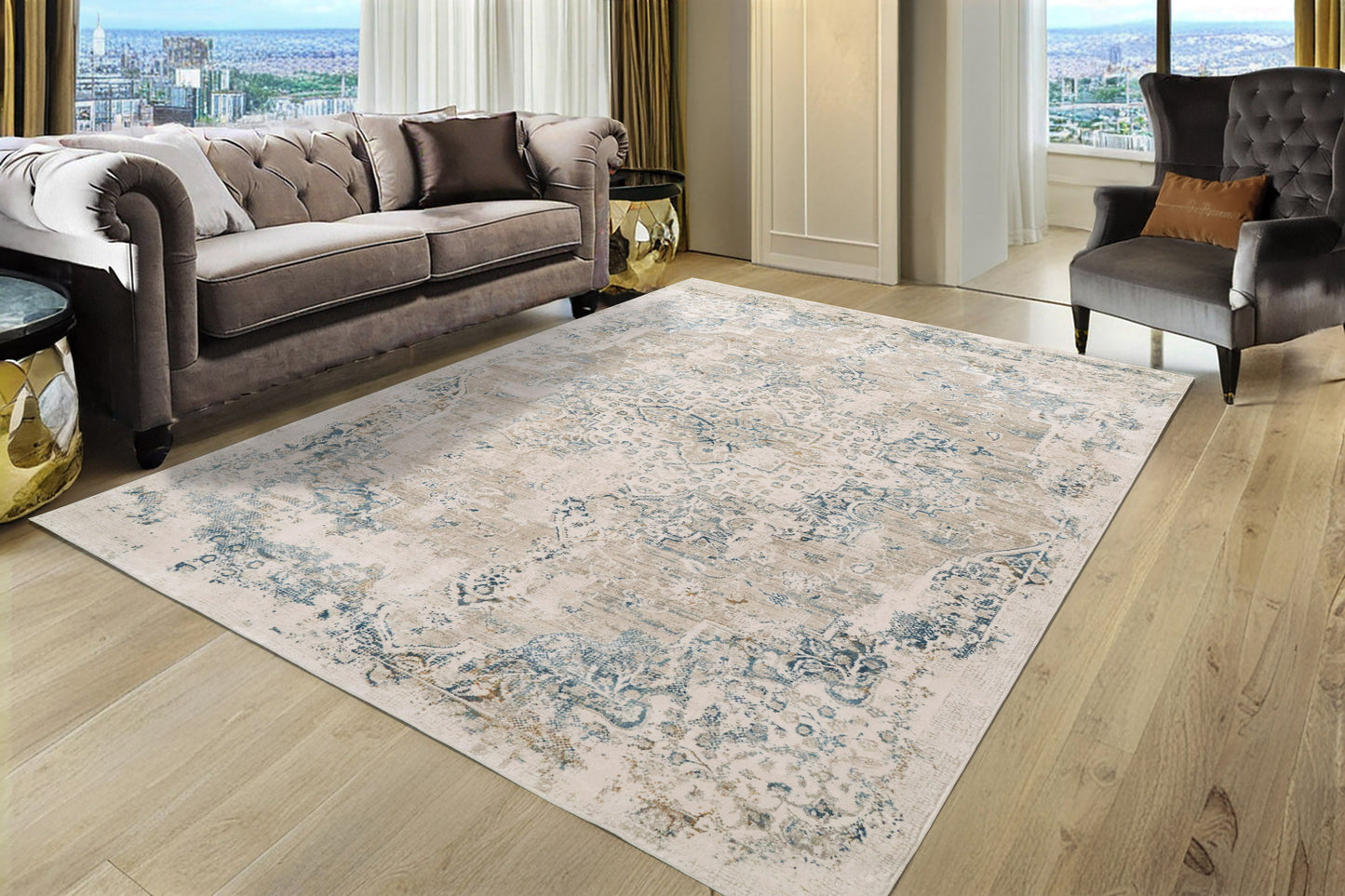Quartz 27064-195 Ivory/Grey/Blue Area Rug
