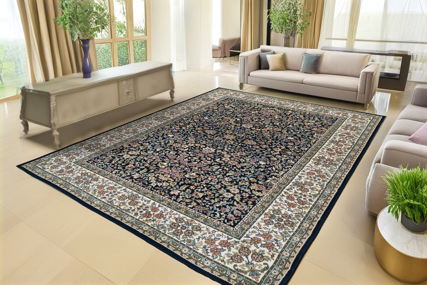Ancient Garden 57078-3434 Blue/Ivory Area Rug