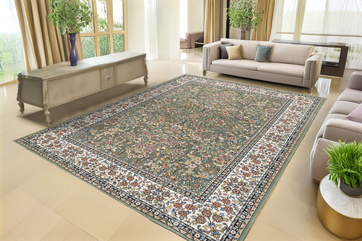 Ancient Garden 57078-4444 Green/Ivory Area Rug