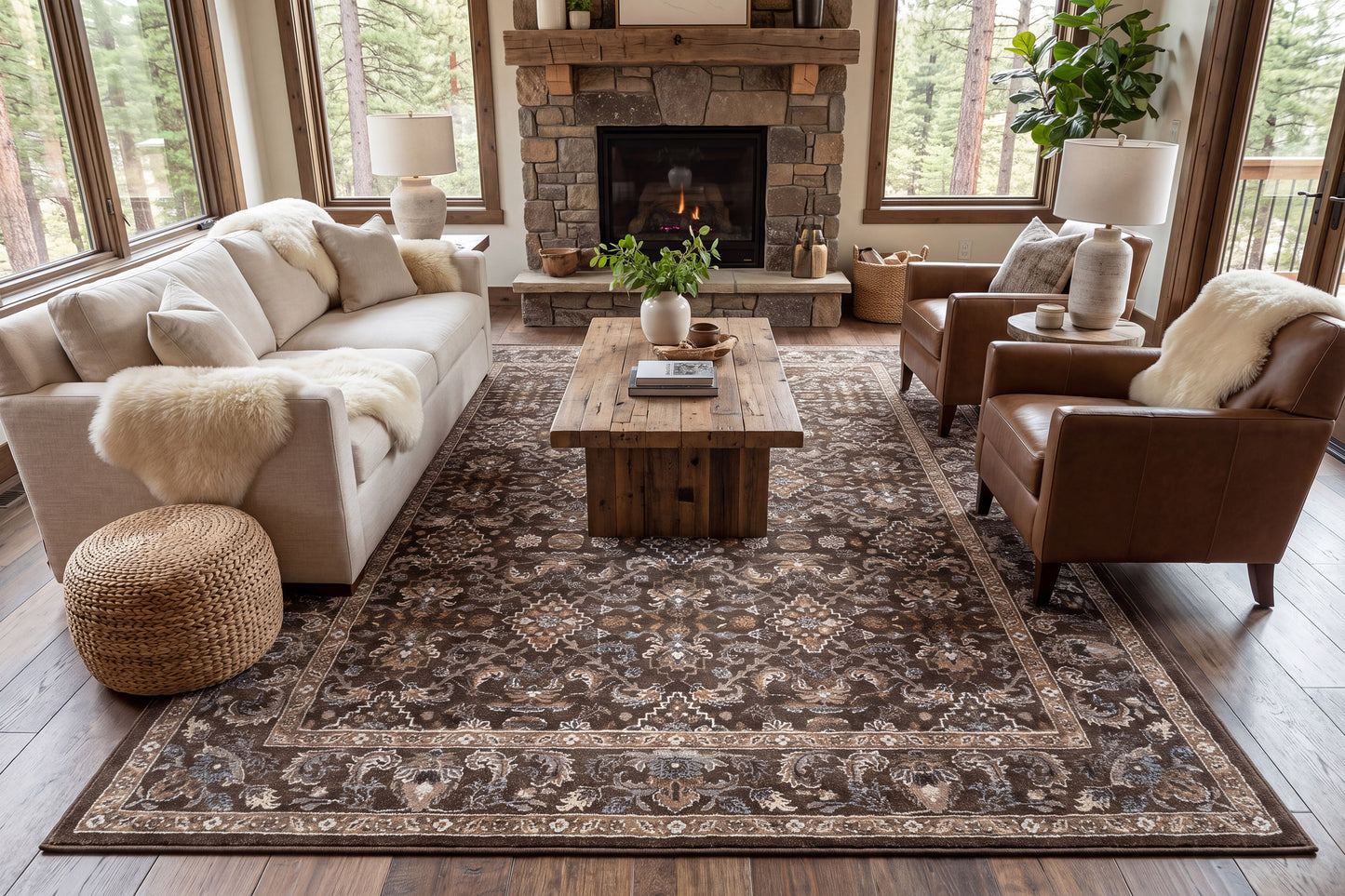 Ancient Garden 57276-3235 Dark Brown/Beige/Blue Area Rug