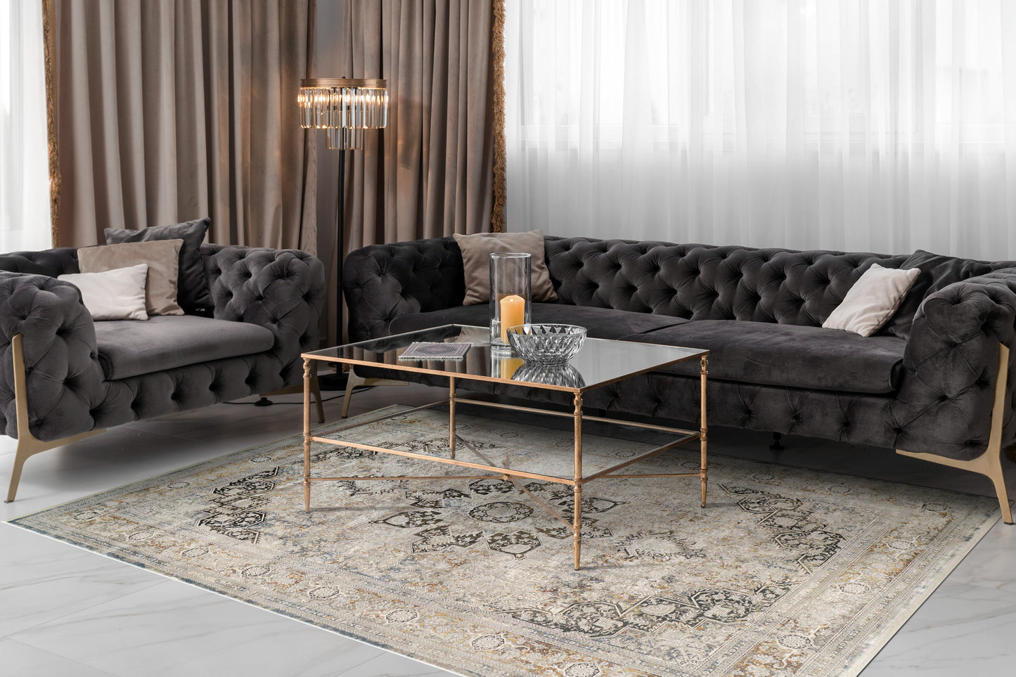 Ruby 2185-197 Ivory/Grey/Gold Area Rug
